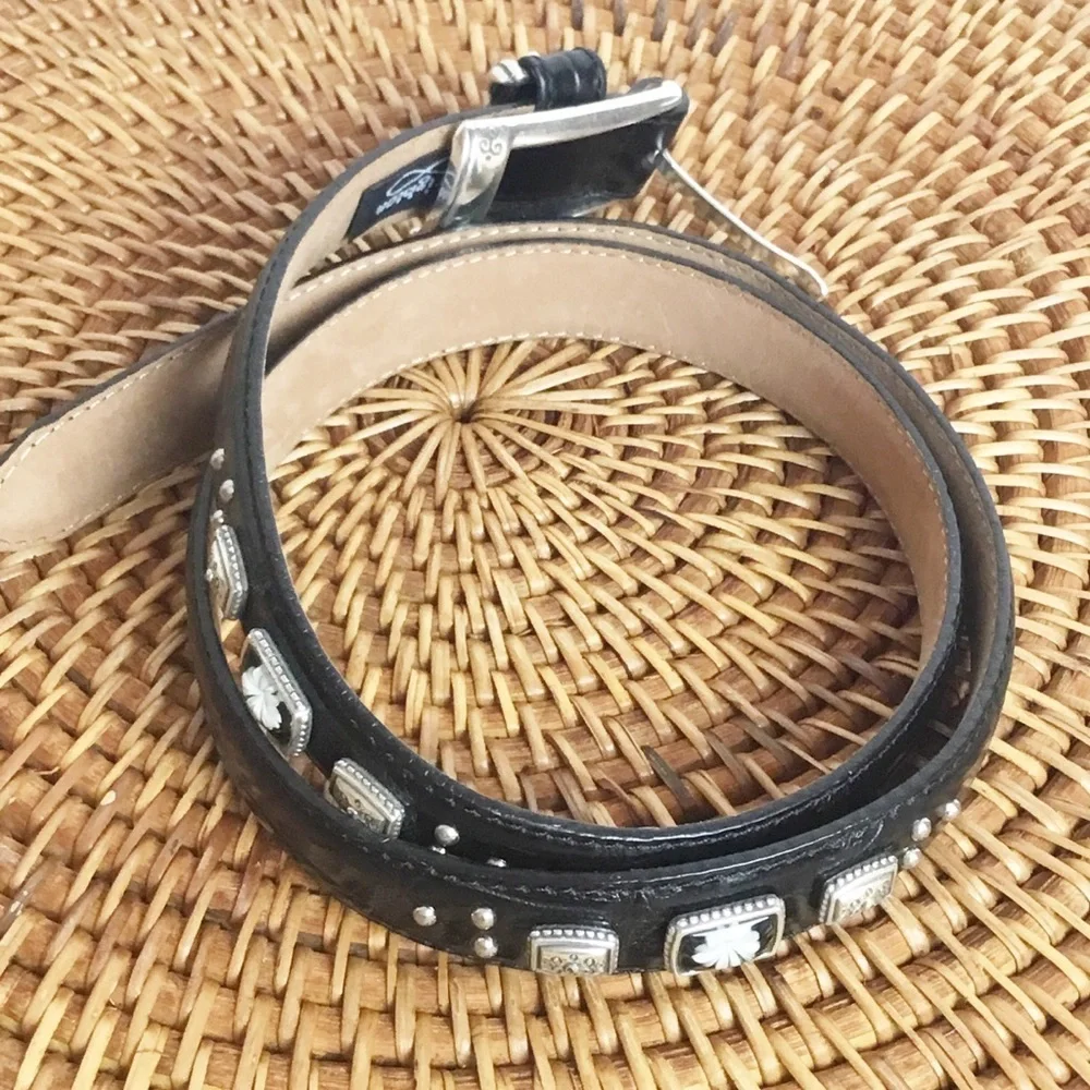 Brighton Black Floral Leather Belt Silver Size M L Womens